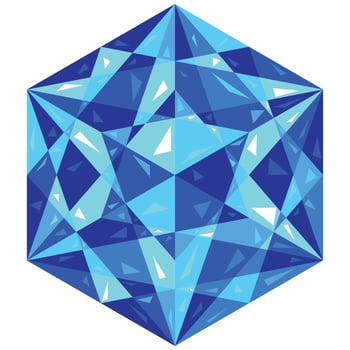 Ultramarine blue faceted crystal. Sapphire gemstone. Topaz stone magical talisman. Low poly symmetrical shiny glass mandala vector