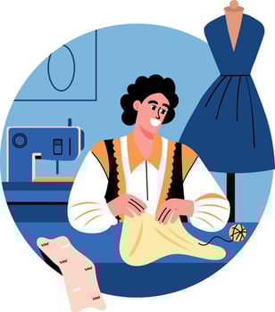 A flat illustration of a character sewing cloth with hands vector