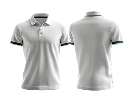 White polo shirt with green accents, front and back view, casual wear png