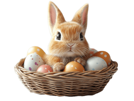 Cute bunny surrounded by colorful Easter eggs in woven basket png