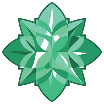 Jade green mandala, chakra symbol. Mysterious four-leaf flower. Shiny precious flower bud with petals pattern, top view, decorative element. Geometry chevron emerald ornament vector