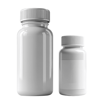 Empty white bottles for supplements or pharmaceuticals, showcasing clean design. Ideal for product packaging or branding concepts png
