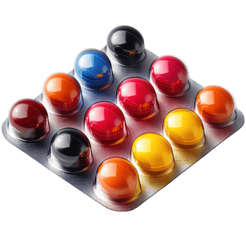 Colorful gel capsules arranged in blister pack, showcasing vibrant hues png