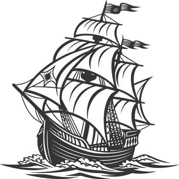 Vintage Sailing Ship Illustration Black White Woodcut Detailed Sails Rigging Ornate Galleon Maritime Historical Art vector