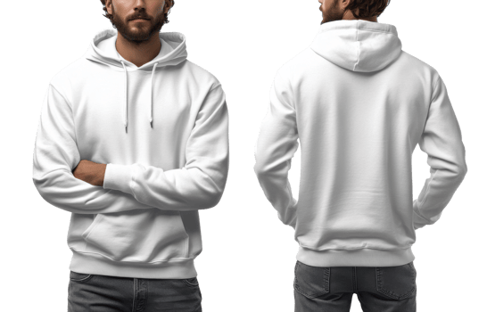 White hoodie on male model, front and back view, casual style png