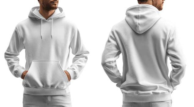stylish white hoodie worn by man, showcasing front and back views. Perfect for casual wear and layering png