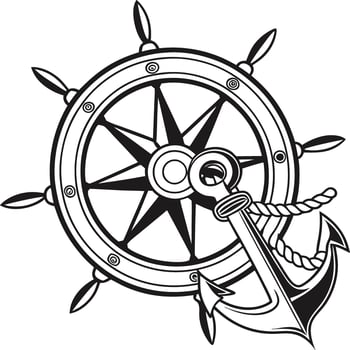 Ship's Wheel Anchor Nautical Symbols Black and White Illustration Maritime Design Compass Rope Vintage Retro vector