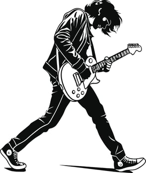 Rock Guitarist Silhouette Dynamic Pose Electric Guitar Punk Rock Aesthetic High Contrast Monochrome Music Poster vector