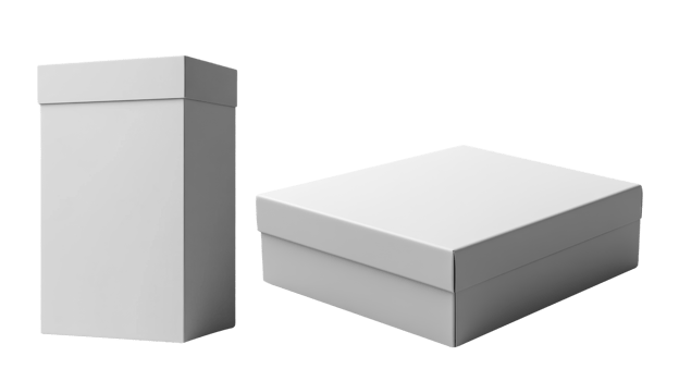 Minimalist white packaging boxes, one tall and one flat, ideal for branding png
