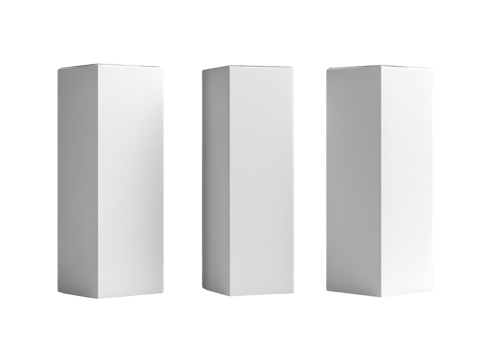 Minimalist white display stands arranged in row, perfect for showcasing products or art png