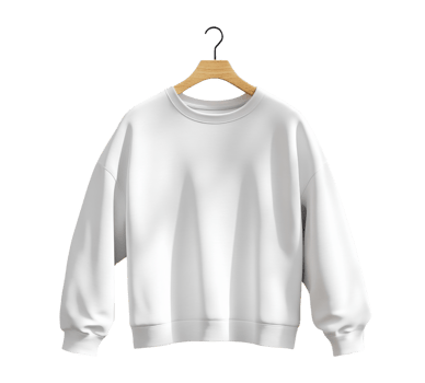 White sweatshirt hanging on wooden hanger, showcasing minimalist design png