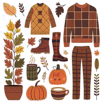 Collection of fall clothing and accessories, including a pumpkin, a mug, and a sweater. Cozy and warm atmosphere vector