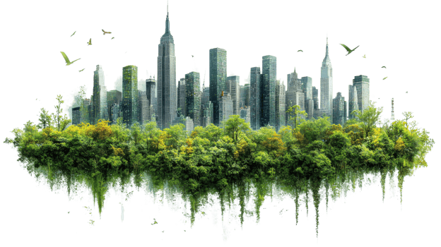 vibrant city skyline surrounded by lush greenery, showcasing nature beauty png