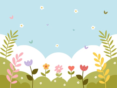 Garden spring background. Cute and colorful plants, leaves and flowers. Blue sky. Template banner vector
