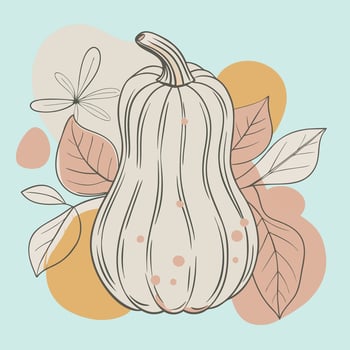 A white pumpkin with leaves and flowers on a blue background vector