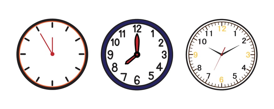 Three clocks showing different times, a simple illustration. vector