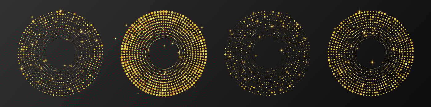 Abstract gold glowing halftone dotted background. Set of four gold glitter patterns in circle form. Circle halftone dots vector