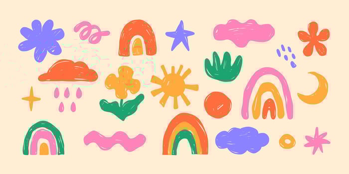 Set of bright hand-drawn children's drawings with rainbows, clouds, colours vector
