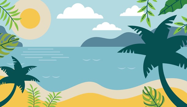 Tropical sea beach landscape with palms and tropical leaves in flat style. Island resort concept. Tourism summer card or banner. vector