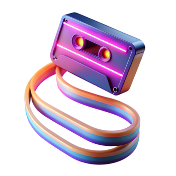 Retro Cassette Tape with Neon Glow and Swirling Ribbon png