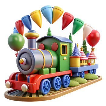 Colorful Toy Train with Balloons and Festive Decorations png