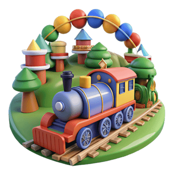 Colorful Toy Train on Playful Landscape png
