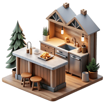 Cozy Cabin Kitchen Island, Sink, Rustic Design png
