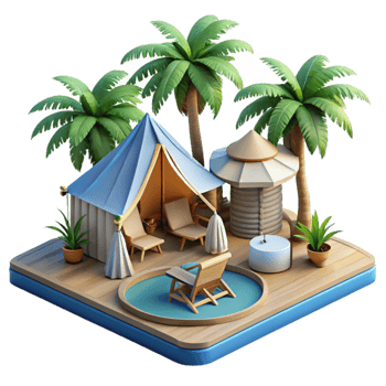 Tropical Glamping Getaway Luxury Tent, Pool, Palm Trees png