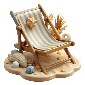 Summer Beach Relaxation Deck Chair, Seashells, and Sand png