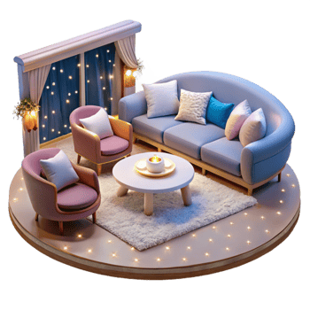Cozy Living Room Design Evening Ambiance with Soft Seating png
