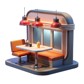 Retro Diner Booth Nostalgia, 3D Render, Restaurant Design, Vintage Cafe, Cozy Seating, Indoor Dining, Table Setting, Evening Ambiance, Illuminated Counter, Classic Style png