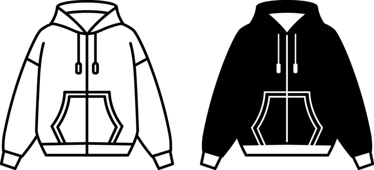 Hoodie Icons. Black and White Illustration. Loose Fit Sportswear Jacket with Pockets. Sweatshirt, Sweater. Fashion Concept vector