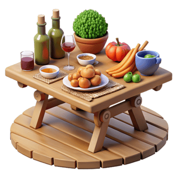 A Rustic Table Setting with Fruits, Vegetables, and Drinks png