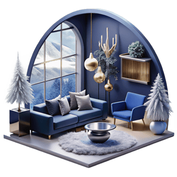 Cozy Winter Living Room Mountain View Festive Decor png