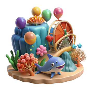 3D Render Playful Ocean Scene with Ferris Wheel png