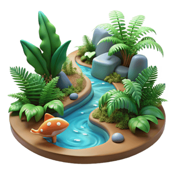 3D Tropical River Landscape Lush Plants, Winding Stream png