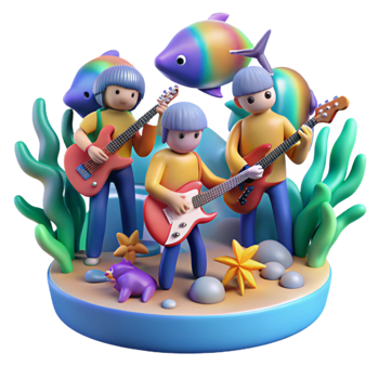 Undersea Band 3D Cartoon Musicians Playing Guitars png