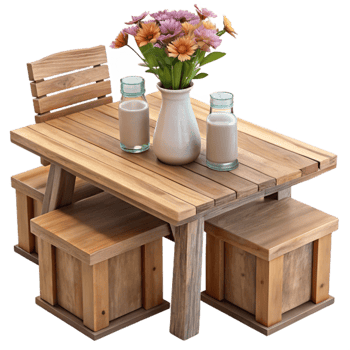 Wooden Table Set with Stools and Flowers png