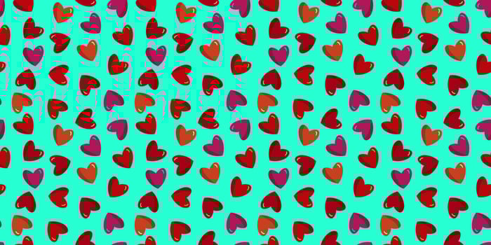 Seamless modern pattern with pink and red hearts on a blue background, for lovers, Valentine's Day red confetti, flat lay, top view. Card, web design, textile vector