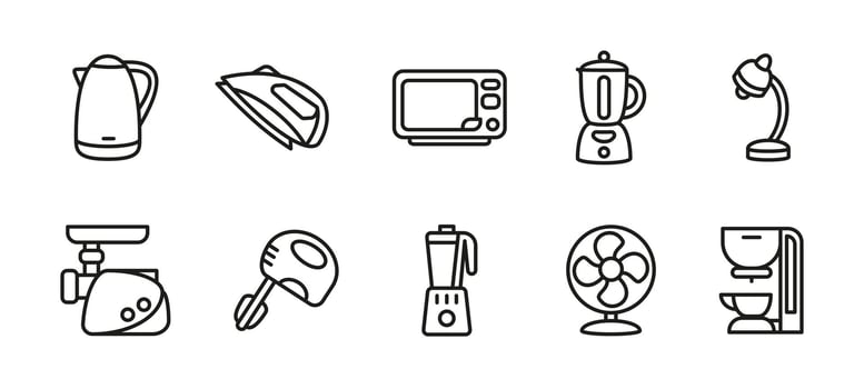 Kitchen appliance icon set. Collection of household and cooking equipment illustrations. Includes microwave, blender, kettle, coffee machine and oven. Home electric device symbols. vector
