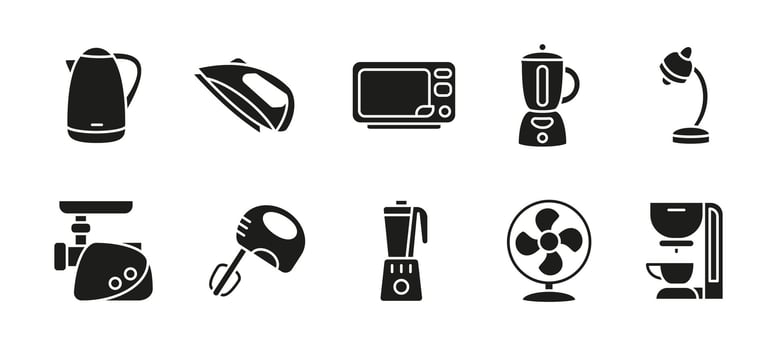 Kitchen appliance icon set black. Collection of household and cooking equipment illustrations. Includes microwave, blender, kettle, coffee machine and oven. Home electric device silhouette. vector