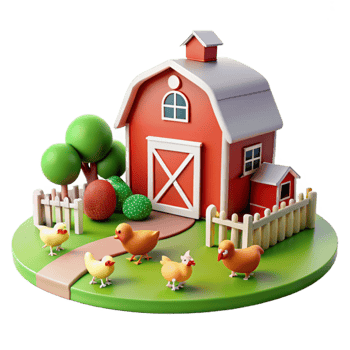 Farm Animals and Red Barn 3D Render png
