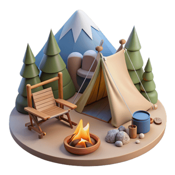 Camping Scene Tent, Fire, Mountains, Trees, Relaxation png