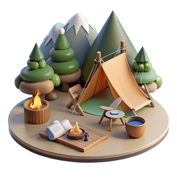 Camping Scene Idyllic Mountain Campsite with Tent, Fire, and Trees png