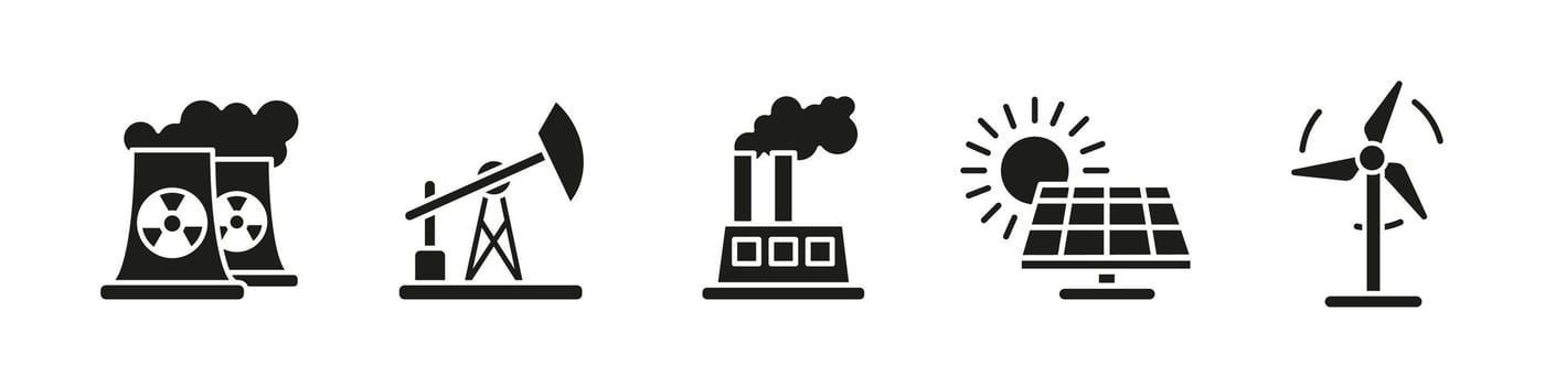 Power generation icon set black. Energy production and electricity illustration. Renewable and fossil fuel industry concept. Nuclear, solar, wind and oil sources silhouette representation. vector