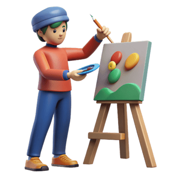 3D Cartoon Artist Painting on Easel png
