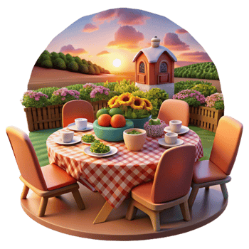 Sunset Garden Dinner Table Setting, Flowers, and Food png