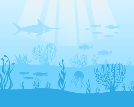 Marine theme, background with fish and algae cartoon illustration vector