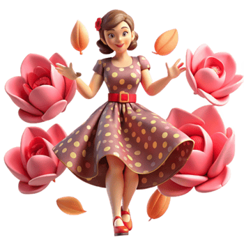Retro Girl in Polka Dot Dress with Flowers png