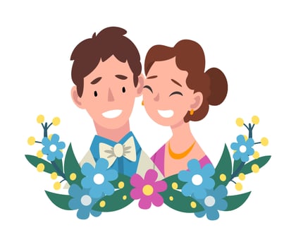 Portrait of bride and groom standing behind a wreath cartoon illustration vector